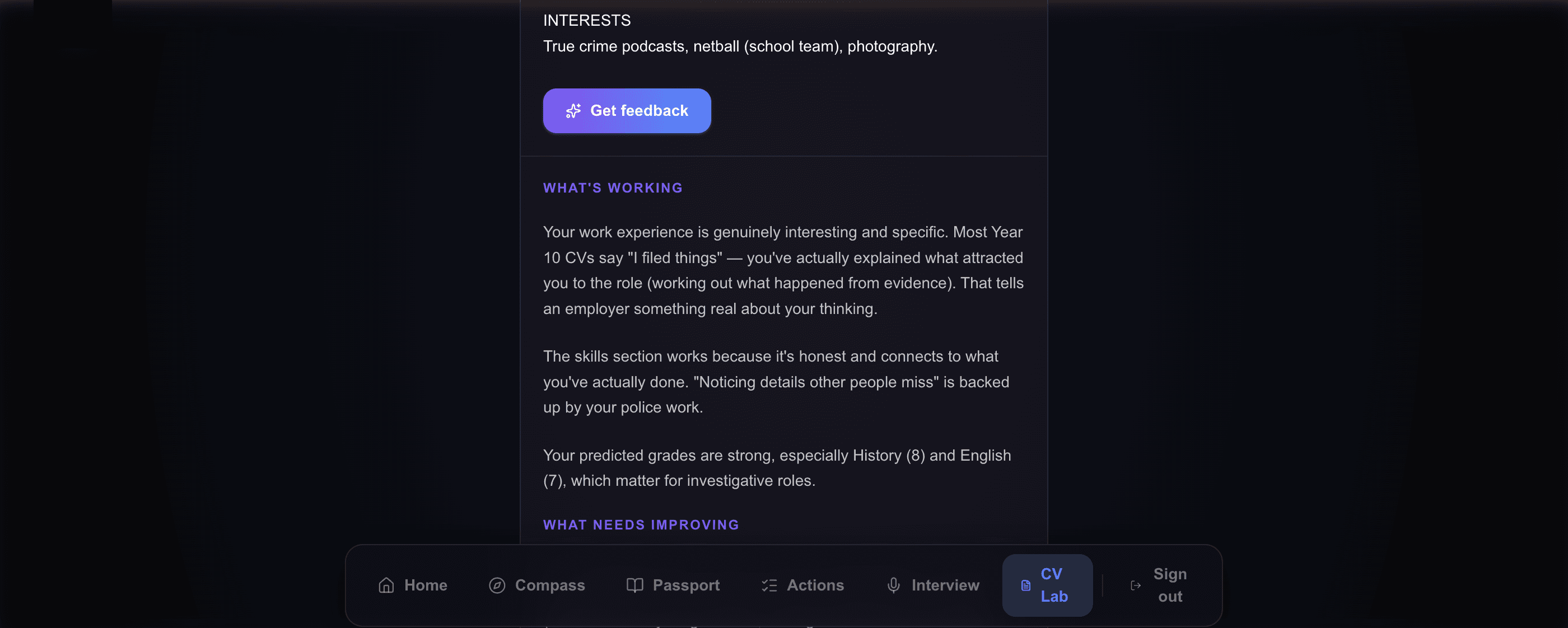 CV Lab on the live platform giving honest feedback on a Year 10 student's CV: what's working and what needs improving, line by line.