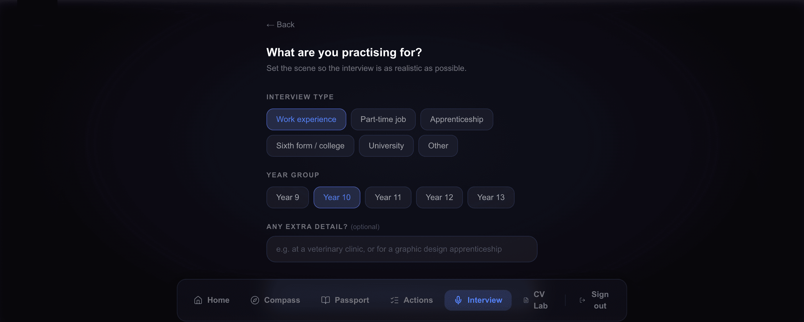 Mock Interview on the live platform: 'What are you practising for?' with interview type and year group being chosen before a practice interview.